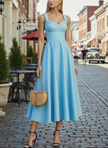 Midi Cotton Dress, Built-in Bra, Sleeveless, Sweetheart Neck, Plain, French Vintage, Blue