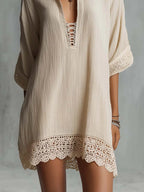 Beige Lace Trim Tie Neck Mini Dress With Stand Collar