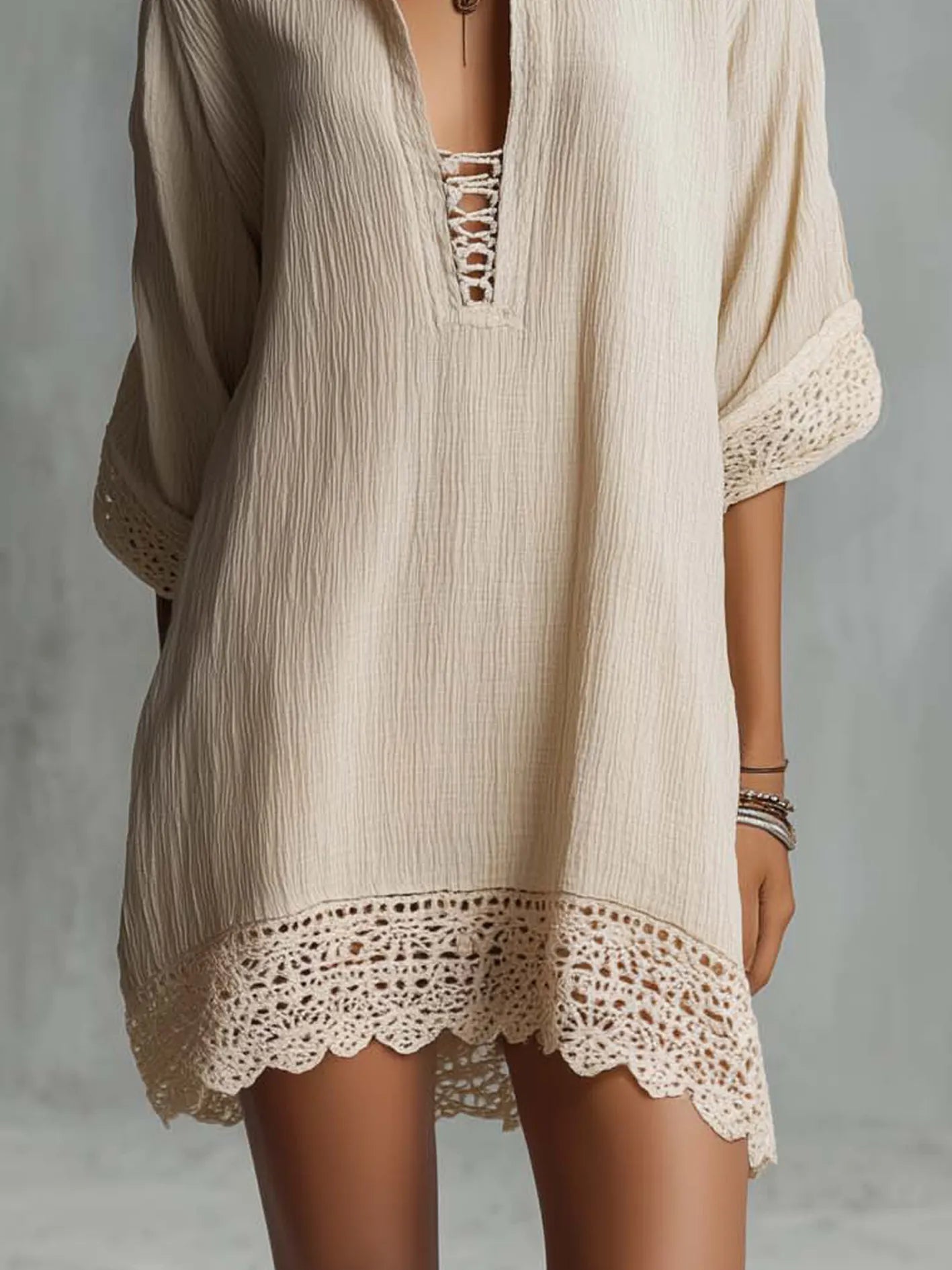 Beige Lace Trim Tie Neck Mini Dress With Stand Collar