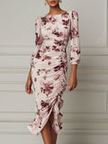 Blush Floral Print Ruched Midi Dress