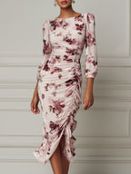 Blush Floral Print Ruched Midi Dress