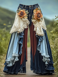 Summer ruffled denim cotton and linen patchwork contrast color pants 0b2b