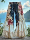 Summer ruffled denim cotton and linen patchwork contrast color pants b0a8