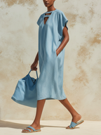 Light Blue Denim Cutout Neckline Loose Midi Dress