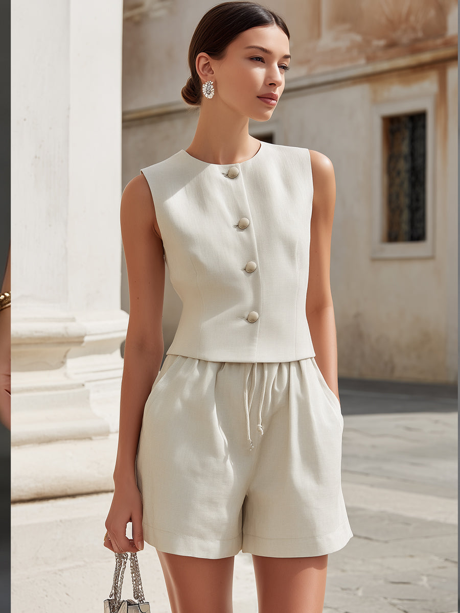 Tailored Vest & Drawstring Shorts Linen-Blend Two-Piece Set