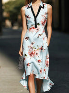 Light Blue Satin Floral Dress With Black Collar Trim