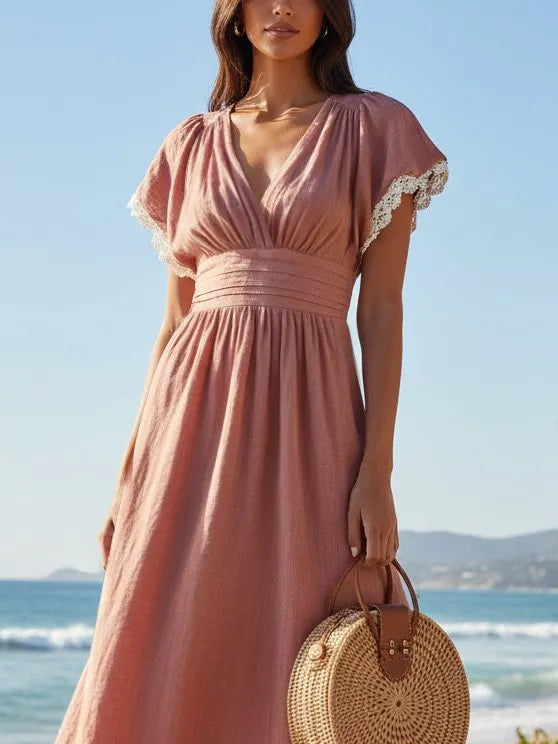 Midi Cotton Dress, Short Sleeves, V Neck, Plain, Lace, Vacation, Vintage, Deep Pink
