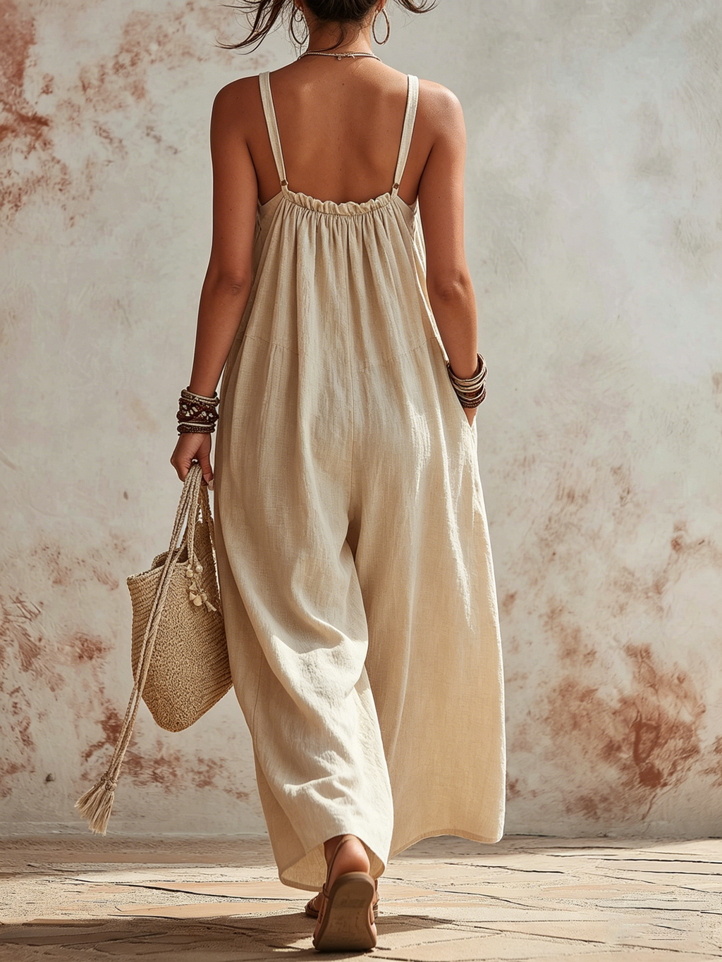 Linen-Blend Gathered Neckline Wide-Leg Jumpsuit