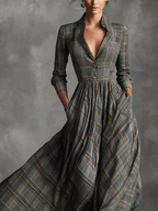 Women's Grey Sophisticated Tartan - Patterned Linen - Blend Flared Maxi Dress