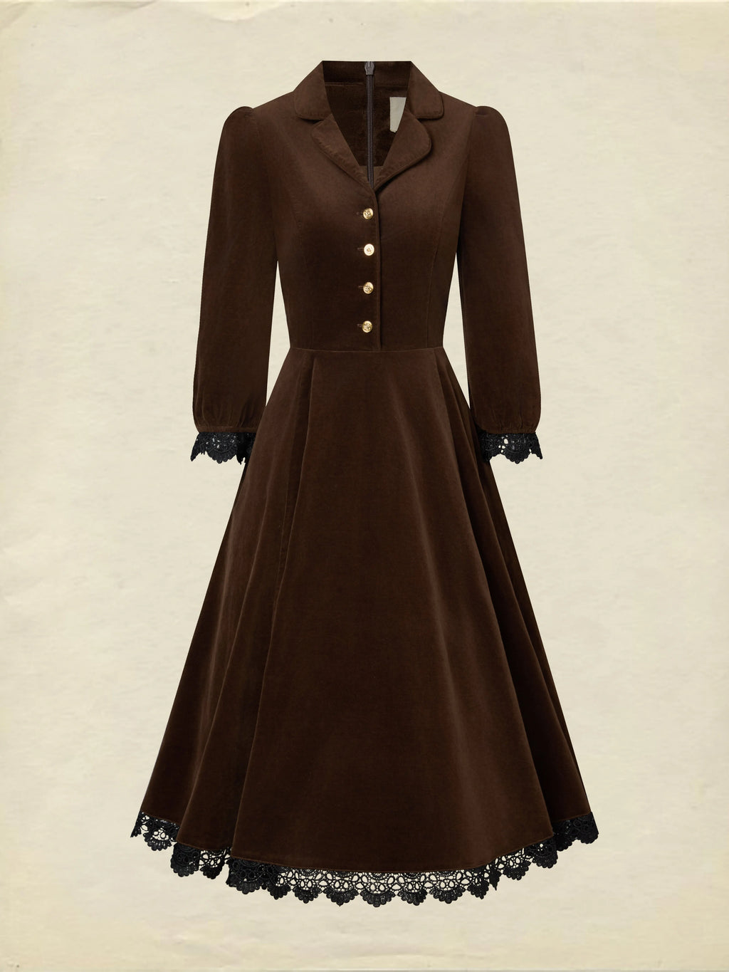 Midi Cotton Dress, Half Sleeve, Lapel Collar, Plain, Lace, Vintage, Coffee