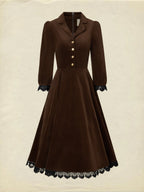 Midi Cotton Dress, Half Sleeve, Lapel Collar, Plain, Lace, Vintage, Coffee