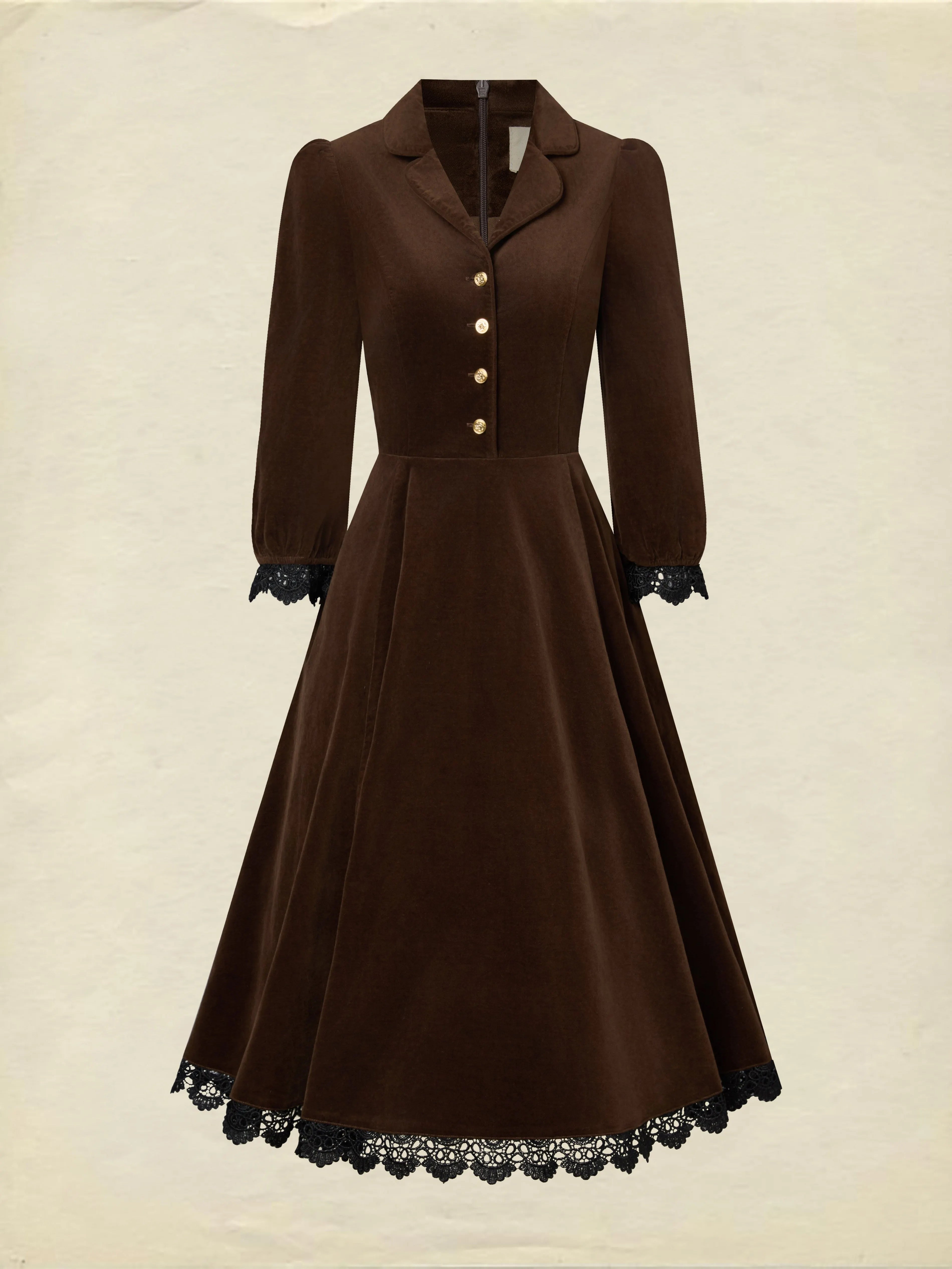 Midi Cotton Dress, Half Sleeve, Lapel Collar, Plain, Lace, Vintage, Coffee