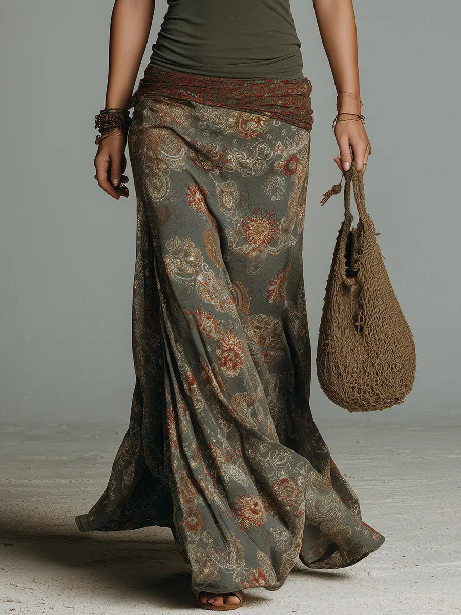 Boho Keyhole-Neck Vintage Floral Print Maxi Dress