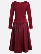 Burgundy Ruched Satin V Neck Long Sleeve A-Line Midi Dress