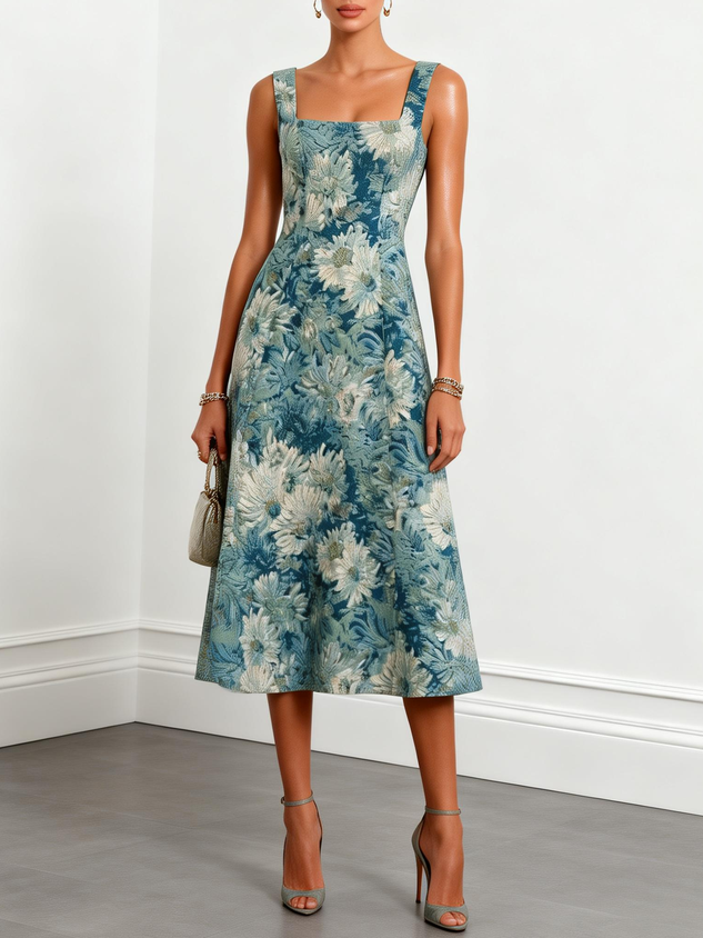 Blue Jacquard Classic Square Neck Sleeveless A-Line Midi Dress