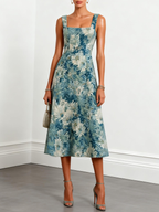 Blue Jacquard Classic Square Neck Sleeveless A-Line Midi Dress