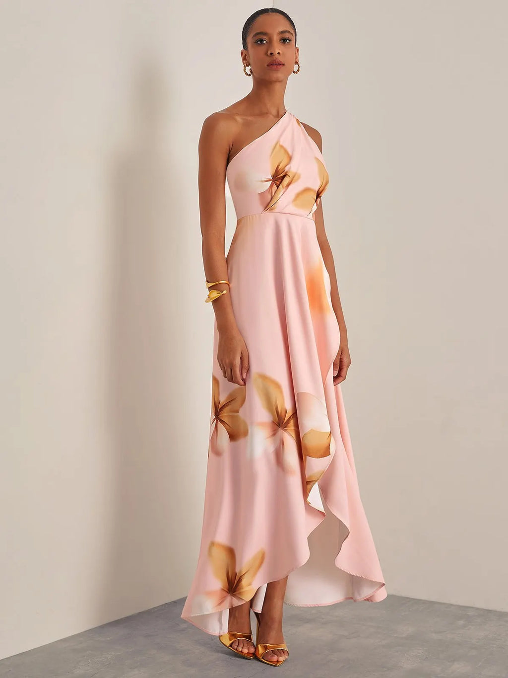 Pink Floral One-Shoulder Slit A-Line Gown