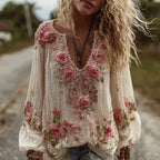 Women's Vintage Rose Floral Embroidery Art Comfy Linen Shirts