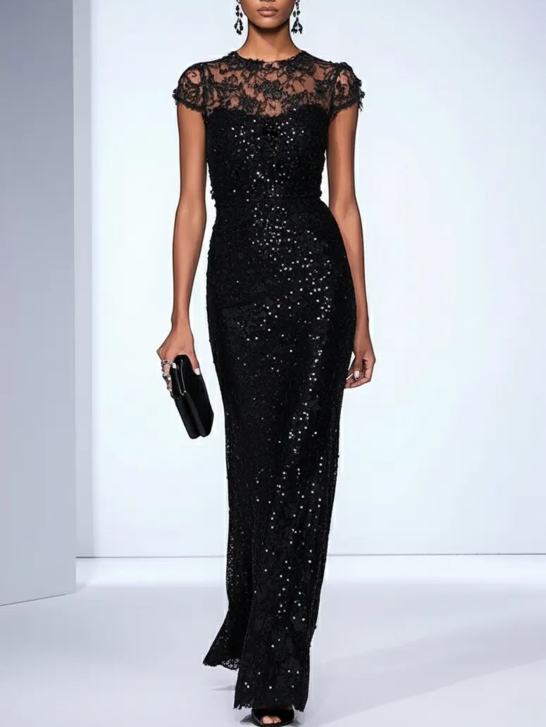 Black 3D Floral Lace Sequin Crew Neck Short Sleeve Sheath Maxi Dress