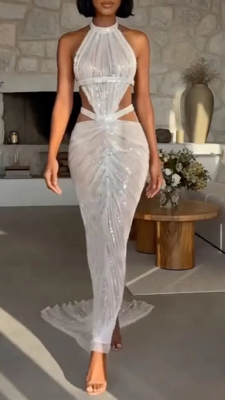 Halter Sequin Cutout Waist Ruched Train Maxi Dress