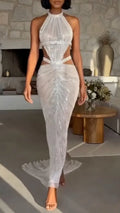 Halter Sequin Cutout Waist Ruched Train Maxi Dress