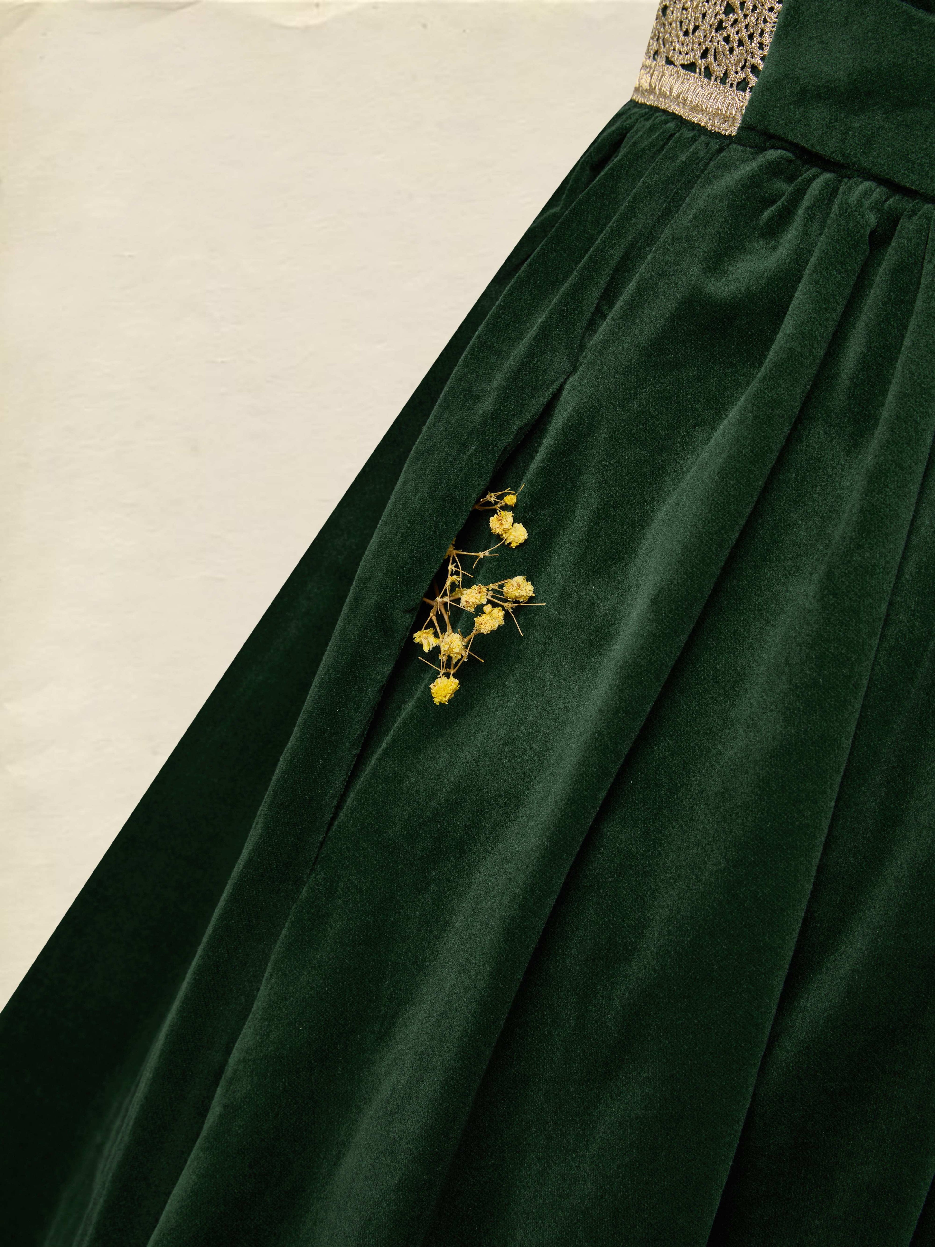 Maxi Cotton Dress, Long Sleeves, Square Neck, Plain, Lace, Vintage, Green