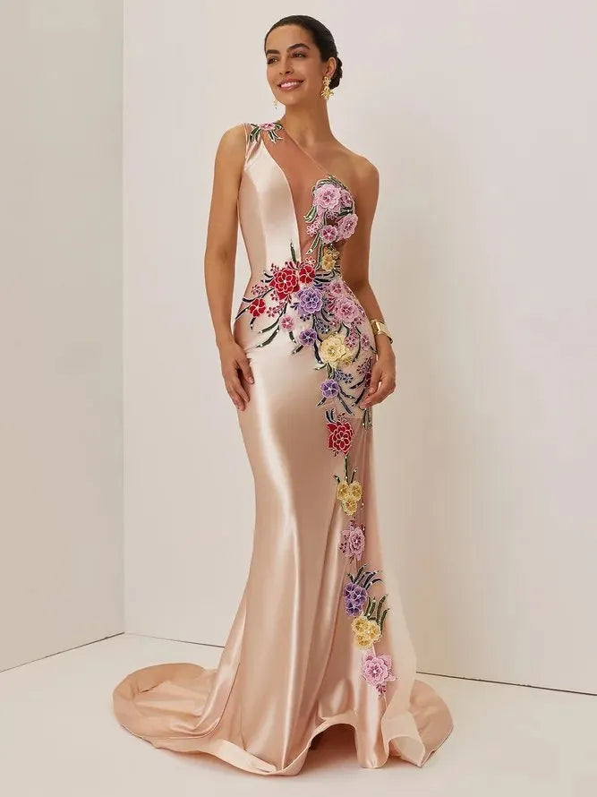 Champagne Satin Applique Embroidery Hotfix Embellished Prom One Shoulder Sleeveless Mermaid Dress