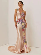Champagne Satin Applique Embroidery Hotfix Embellished Prom One Shoulder Sleeveless Mermaid Dress