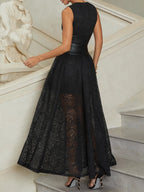 Black Lace Hollow Out Cotton Crew Neck Sleeveless A-Line Maxi Dress With Belt