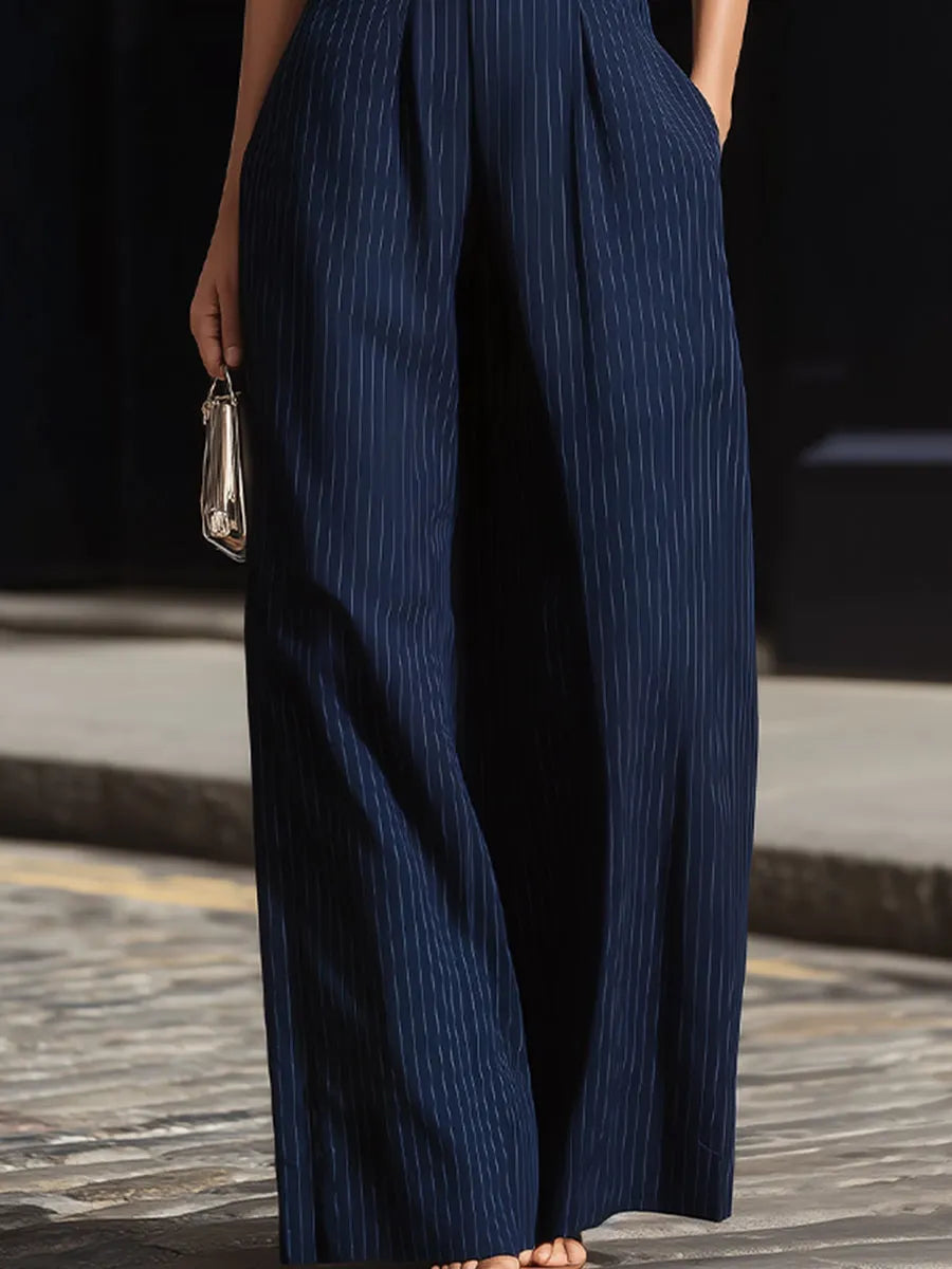 Navy Blue Pinstripe Halter Neck Crop Top & High Waisted Wide Leg Pants Two-Piece Set