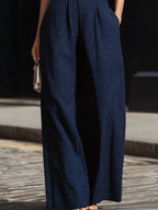 Navy Blue Pinstripe Halter Neck Crop Top & High Waisted Wide Leg Pants Two-Piece Set