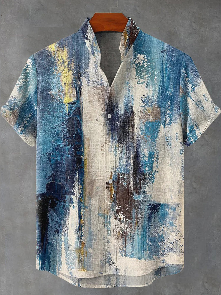 Men's Vintage Abstract Geometric Oil Painting Gradient Art Short Sleeve Shirt