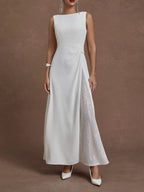 White Sequin Classic Boat Neck Sleeveless A-Line Maxi Dress
