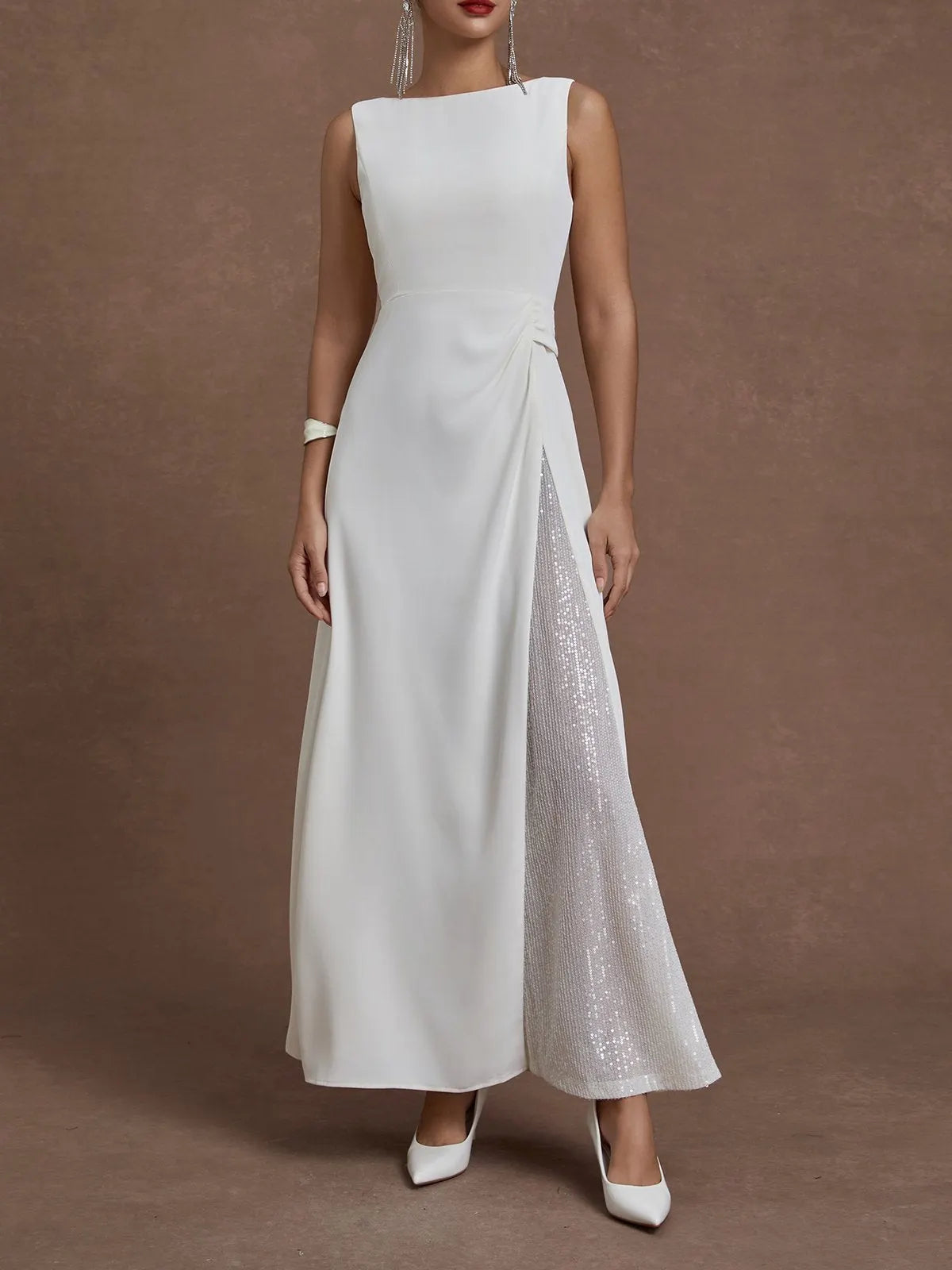 White Sequin Classic Boat Neck Sleeveless A-Line Maxi Dress