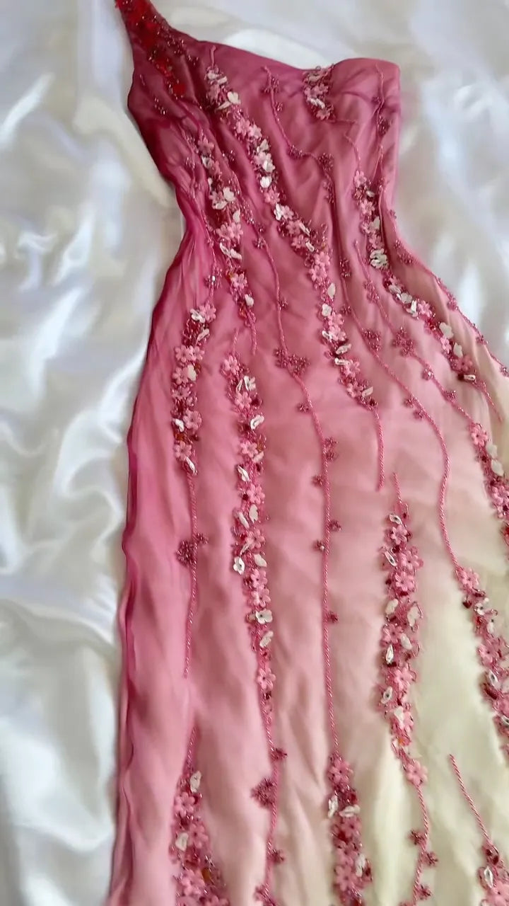 Ombre Floral Applique One Shoulder Long Gown