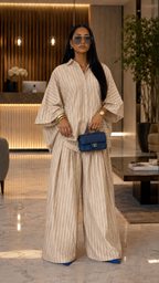 Vertical Stripe Oversized Shirt & Wide-Leg Pant Two-Piece