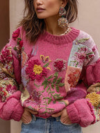 Women's Bohemian Floral Embroidery Art Cozy Knitted Sweater