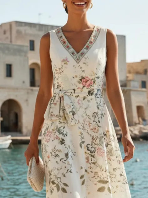 White Floral Classic V Neck Sleeveless A-Line Maxi Dress