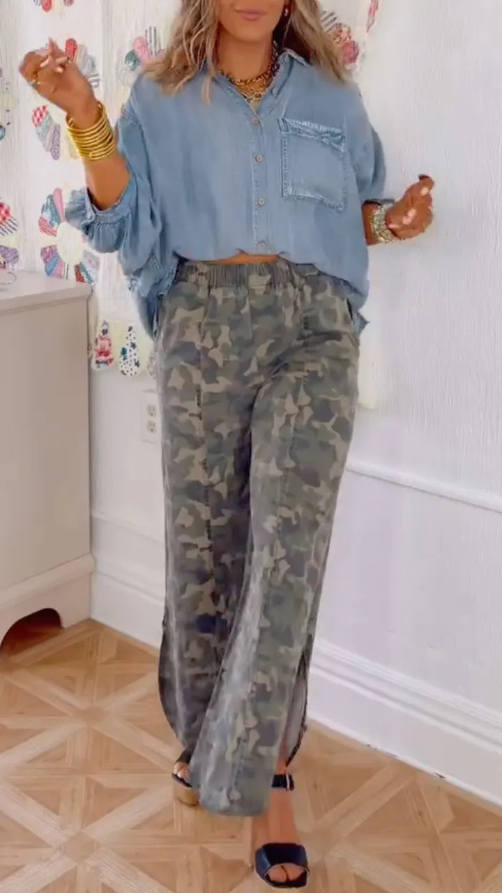 Denim Cropped Shirt & Camo Wide Leg Pants Set