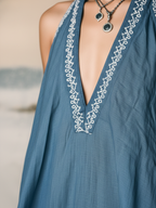 Blue Linen Halter Maxi Dress With Embroidered Detail