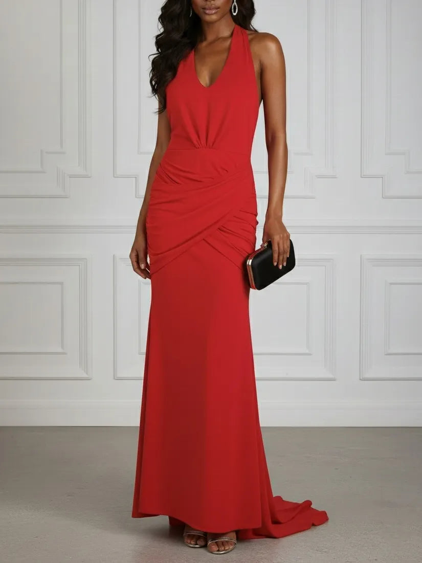 Red Ruched Knit Halter Sleeveless Bodycon Gown Dress