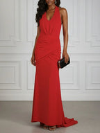 Red Ruched Knit Halter Sleeveless Bodycon Gown Dress
