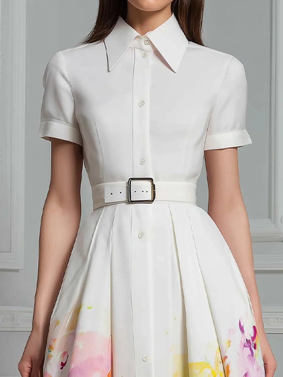 Collared Button-Front Floral A-Line Midi Dress With Belt
