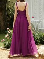 Purple Pleated Chiffon Spaghetti Gallus A-Line Maxi Bridesmaid Dress