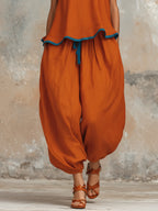 Burnt Orange Asymmetric Linen Two-Piece Set With Blue Trim