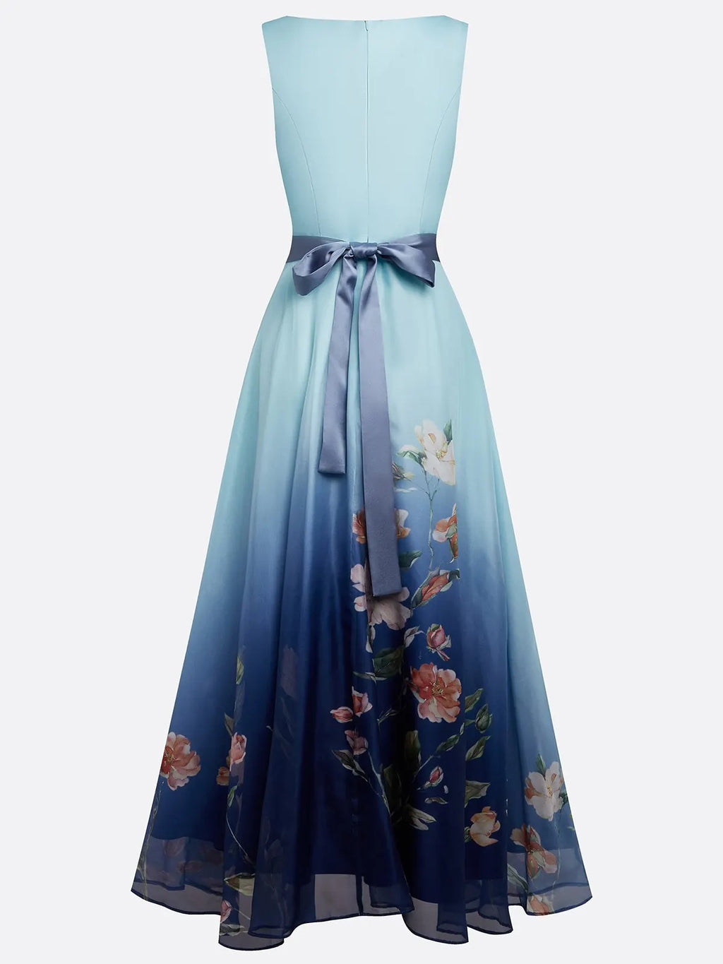 Light Blue Ombre Floral Chiffon V Neck Sleeveless A-Line Midi Dress
