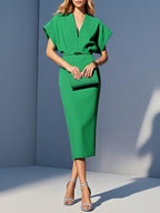 Light Blue Slit Classic V Neck Short Sleeve Dolman Sleeve Sheath Midi Dress With Belt