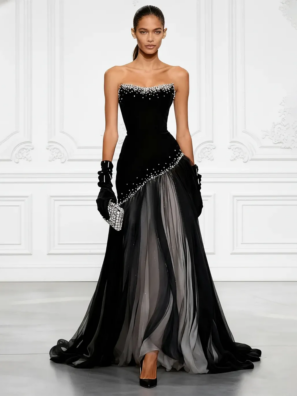 Black Hot Drilling Classic Tulle Strapless Sleeveless A-Line Gown Dress