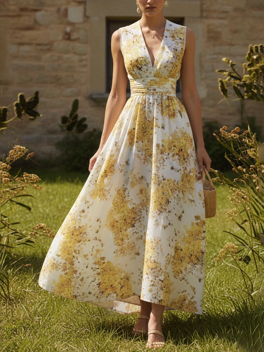 Maxi Linen Dress, Sleeveless, V Neck, Floral, Vacation, Vintage, Light Yellow