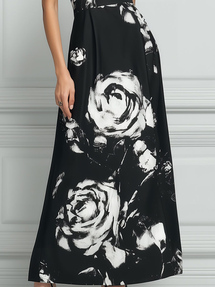 Elegant Black Halter Maxi Dress With White Rose Print